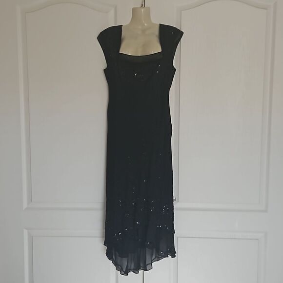 Jones New York Ladies Silk Cowl Neckline Beaded High Low Midi Dress Size6 Black - Picture 1 of 16